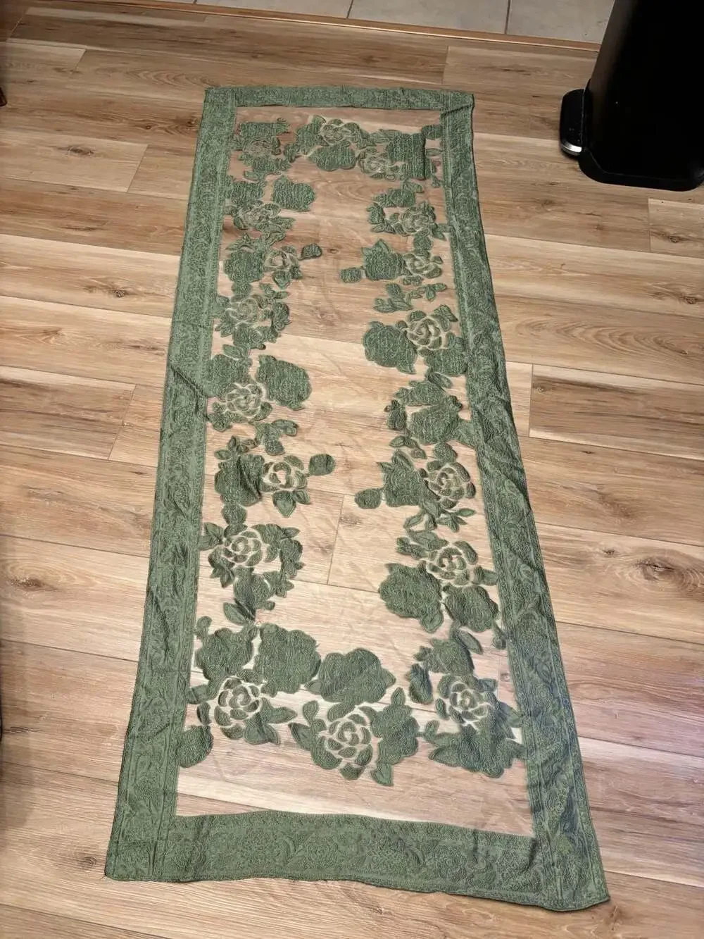 Olive Green Floral Embroidered Sheer Lace Table Runner or Decorative Scarf